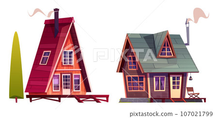 Forest wooden cabin house isolated cartoon set Forest wooden cabin house isolated cartoon set 107021799