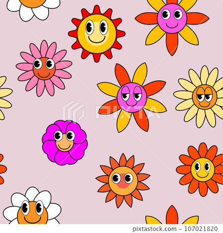 Groovy hippie flower seamless pattern. Colorful flowers trendy background retro trippy 70s style Groovy hippie flower seamless pattern. Colorful flowers trendy background retro trippy 70s style 107021820