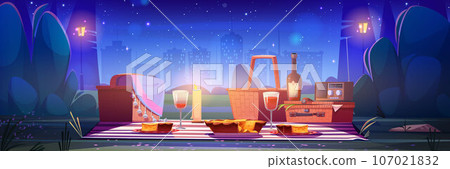 Picnic in city park in evening or at night 107021832