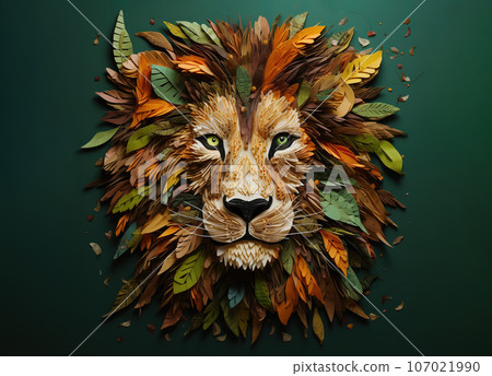 Image of a lion face decorated with green leaves. Wildlife Animals. Illustration, Generative AI. 107021990
