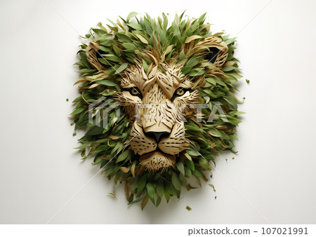 Image of a lion face decorated with green leaves. Wildlife Animals. Illustration, Generative AI. 107021991