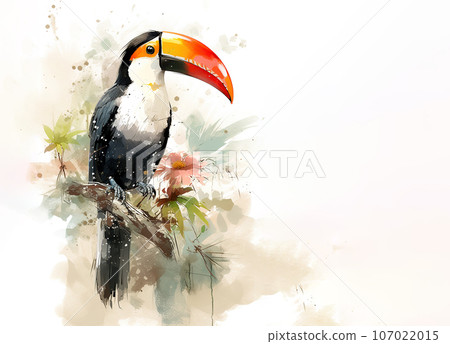 Beautiful drawing of a toucan bird perched on a branch. Birds. Wildlife Animals. Illustration, Generative AI. 107022015