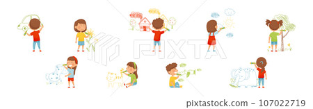 Children Drawing on Wall with Colorful Crayons Vector Illustration Set Children Drawing on Wall with Colorful Crayons Vector Illustration Set 107022719