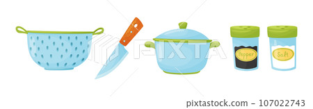 Kitchen Tools with Sieve, Knife, Pot and Salt with Pepper Vector Set 107022743
