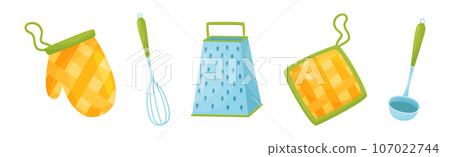 Kitchen Tools with Glove, Whisk, Ladle and Grater Vector Set Kitchen Tools with Glove, Whisk, Ladle and Grater Vector Set 107022744