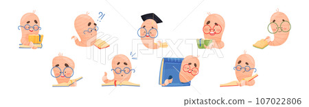 Funny Worm Character Wearing Glasses with Books Vector Set Funny Worm Character Wearing Glasses with Books Vector Set 107022806