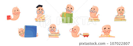 Funny Worm Character Wearing Glasses with Books Vector Set Funny Worm Character Wearing Glasses with Books Vector Set 107022807