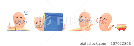 Funny Worm Character Wearing Glasses with Books Vector Set Funny Worm Character Wearing Glasses with Books Vector Set 107022808