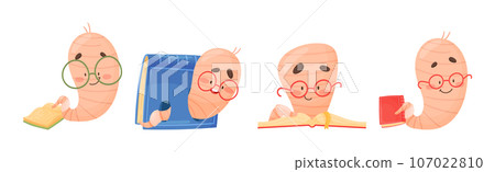 Funny Worm Character Wearing Glasses with Books Vector Set Funny Worm Character Wearing Glasses with Books Vector Set 107022810
