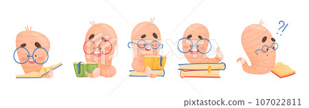 Funny Worm Character Wearing Glasses with Books Vector Set 107022811