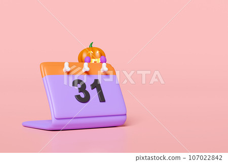 Halloween date with calendar, pumpkin lantern, skeleton isolated on pink background. 3d render illustration Halloween date with calendar, pumpkin lantern, skeleton isolated on pink background. 3d render illustration 107022842