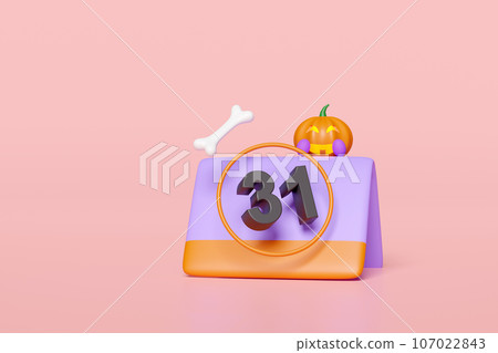 Halloween date with calendar, pumpkin lantern, skeleton isolated on pink background. 3d render illustration Halloween date with calendar, pumpkin lantern, skeleton isolated on pink background. 3d render illustration 107022843