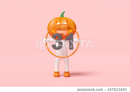 Halloween date with pumpkin head man hand holding calendar isolated on pink background. 3d render illustration 107022845