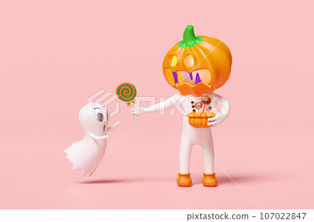 3d halloween holiday party with pumpkin head man gives sweet lollipop to cute ghost isolated on pink background. 3d render illustration 107022847