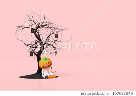 pumpkin head man sleeping under a dead tree with bats isolated on pink background. 3d render illustration pumpkin head man sleeping under a dead tree with bats isolated on pink background. 3d render illustration 107022849