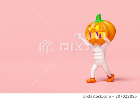 3d halloween holiday party with pumpkin head man isolated on pink background. 3d render illustration 3d halloween holiday party with pumpkin head man isolated on pink background. 3d render illustration 107022850