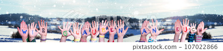 Children Hands, Wir Glauben An Euch Means We Believe In You, Winter Background Children Hands, Wir Glauben An Euch Means We Believe In You, Winter Background 107022866