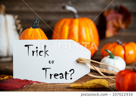 Orange Pumpkin Decoration With Label With Text Trick Or Treat 107022916