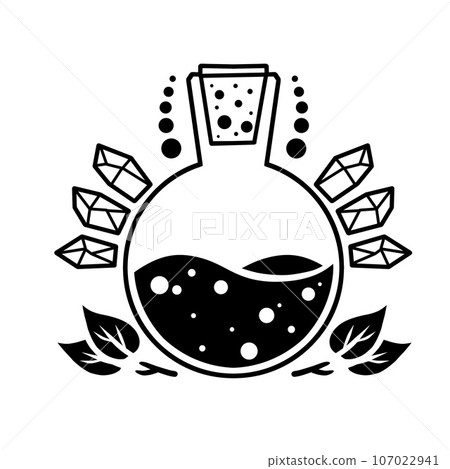 Magic bottle. Esoteric alchemy and glass elixir poison. Mystery chemistry drink. Fantasy cartoon magical mystic mixture, Vintage decorative element 107022941