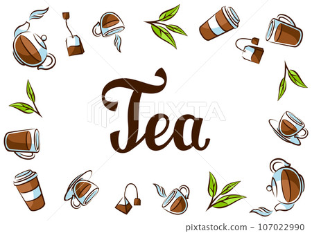 Background with black tea. Illustration with tea and accessories, packs and kettles. 107022990