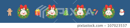 Set of cute bunny character mascots with Christmas wreaths and Christmas elements, can be used for greeting cards, invitation cards, Christmas cards 107023537