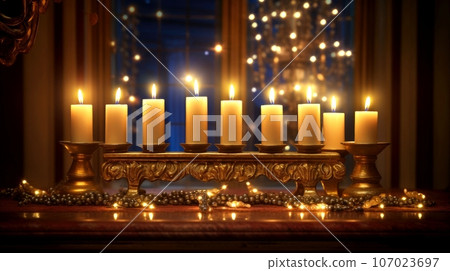 Hanukkah festive celebration concept, glow of the menorah with shining candles and star, Generative AI illustration Hanukkah festive celebration concept, glow of the menorah with shining candles and star, Generative AI illustration 107023697