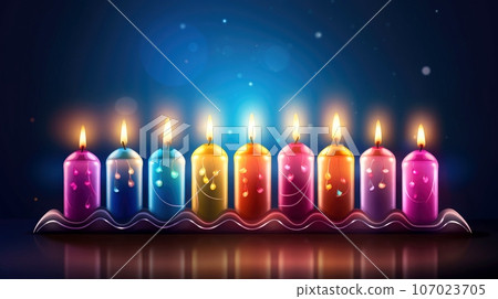 Hanukkah festive celebration concept, glow of the menorah with shining candles and star, Generative AI illustration Hanukkah festive celebration concept, glow of the menorah with shining candles and star, Generative AI illustration 107023705