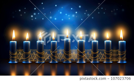 Hanukkah festive celebration concept, glow of the menorah with shining candles and star, Generative AI illustration 107023706