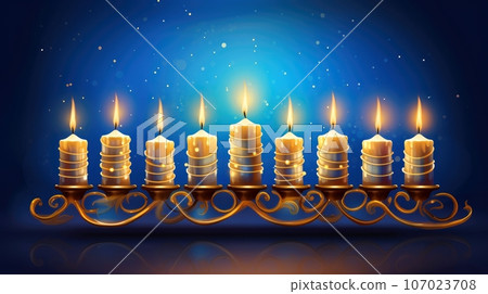 Hanukkah festive celebration concept, glow of the menorah with shining candles and star, Generative AI illustration Hanukkah festive celebration concept, glow of the menorah with shining candles and star, Generative AI illustration 107023708