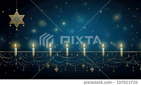Hanukkah festive celebration concept, glow of the menorah with shining candles and star, Generative AI illustration Hanukkah festive celebration concept, glow of the menorah with shining candles and star, Generative AI illustration 107023720