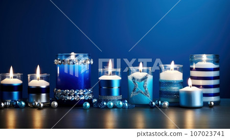 Hanukkah festive celebration concept, glow of the menorah with shining candles and star, Generative AI illustration 107023741
