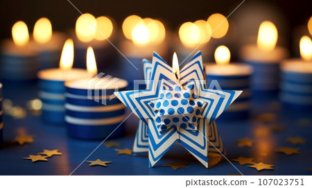 Hanukkah festive celebration concept, glow of the menorah with shining candles and star, Generative AI illustration Hanukkah festive celebration concept, glow of the menorah with shining candles and star, Generative AI illustration 107023751