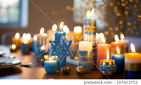 Hanukkah festive celebration concept, glow of the menorah with shining candles and star, Generative AI illustration Hanukkah festive celebration concept, glow of the menorah with shining candles and star, Generative AI illustration 107023752