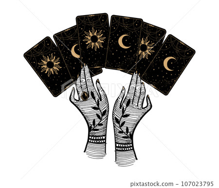 The witch lays out tarot cards. Two female hands and a mystical deck of cards with the moon and sun. Magic hand drawing, vector isolated on white background. 107023795