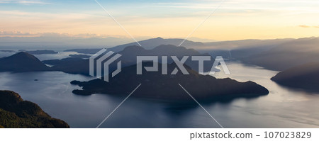 Mountains and Islands on the West Coast of Pacific Ocean. Canadian Nature Landscape. BC, Canada. Aerial 107023829