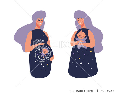 Beautiful pregnant mother, woman with baby, funny maternity character set, flat cartoon vector illustration isolated on white background. Beautiful pregnant mother, woman with baby, funny maternity character set, flat cartoon vector illustration isolated on white background. 107023938