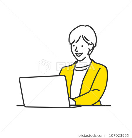 Illustration of a business person creating sentences at a computer with a bright expression 107023965
