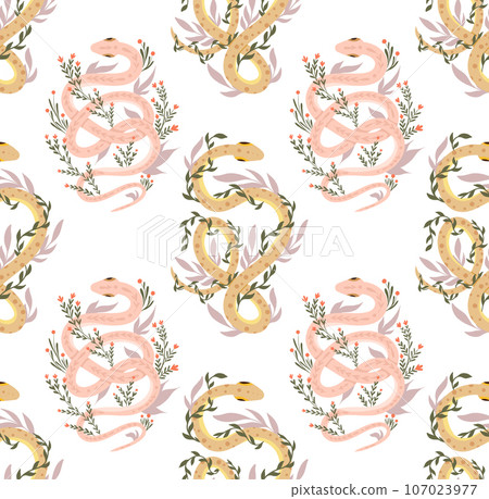 Vector seamless pattern with gentle snakes and herbs. Animalistic texture with pink and yellow serpents, stems and foliage Vector seamless pattern with gentle snakes and herbs. Animalistic texture with pink and yellow serpents, stems and foliage 107023977
