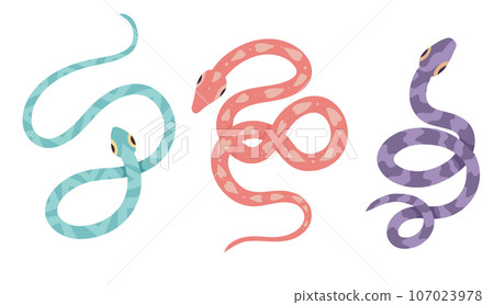 Vector set of cartoon snakes isolated from white background. Clipart collection of serpents in various poses in pastel colors Vector set of cartoon snakes isolated from white background. Clipart collection of serpents in various poses in pastel colors 107023978