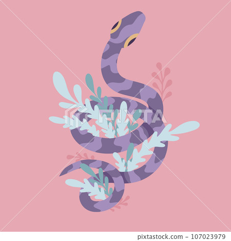 Vector cartoon postcard with a violet tracery snake with herbs and stems with foliage on a pink background. Flat hand drawn postcard Vector cartoon postcard with a violet tracery snake with herbs and stems with foliage on a pink background. Flat hand drawn postcard 107023979