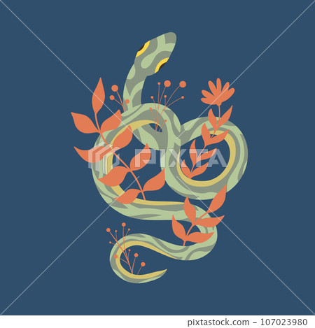 Vector square illustration with a green snake with floral decorations and stems with foliage on blue background. Flat postcard Vector square illustration with a green snake with floral decorations and stems with foliage on blue background. Flat postcard 107023980