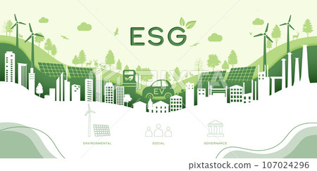 ESG as environmental social and governance concept.Green ecology and alternative renewable energy.Paper art Vector illustration. ESG as environmental social and governance concept.Green ecology and alternative renewable energy.Paper art Vector illustration. 107024296