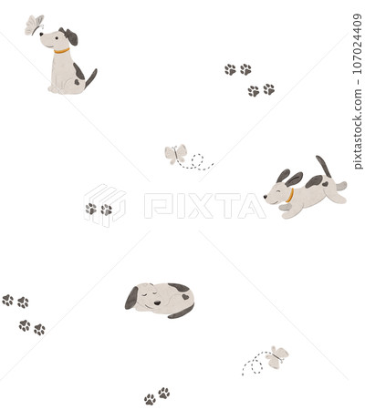 Seamless minimal pattern with cute puppy, butterfly. Simple dog and insect. Endless background in scandinavian style. Stylized digital illustration. Scandi repeating texture for wrapping paper, fabric Seamless minimal pattern with cute puppy, butterfly. Simple dog and insect. Endless background in scandinavian style. Stylized digital illustration. Scandi repeating texture for wrapping paper, fabric 107024409