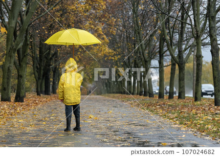 Rear view on little child in yellow raincoat with an yellow umbrella in hands. Autumn weather in park Rear view on little child in yellow raincoat with an yellow umbrella in hands. Autumn weather in park 107024682