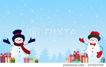 Modern blue Christmas banner with gifts and snowmen, winter holiday copy space banner, New Year poster. Flat vector illustration. Winter landscape with snowfall. 107024700