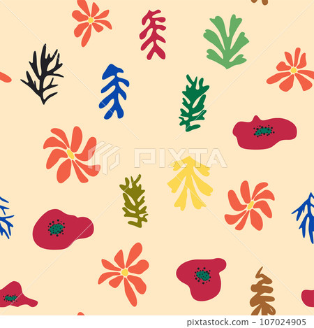 Blue Matisse floral pattern, crooked leaves and red flowers. 107024905
