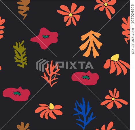 Blue Matisse floral pattern, crooked leaves and red flowers. 107024906