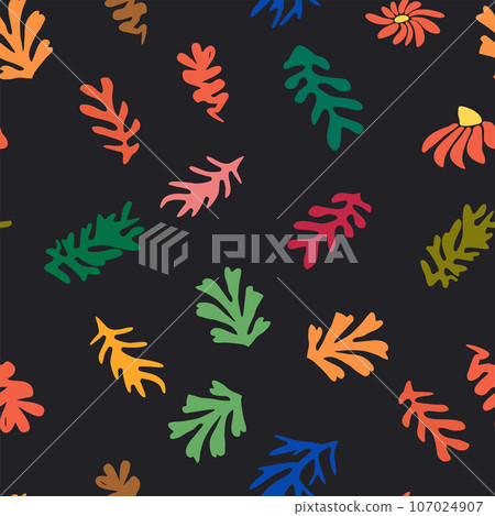 Blue Matisse floral pattern, crooked leaves and red flowers. 107024907