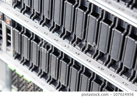 Row of hard disks used for data storage in internet data center 107024956
