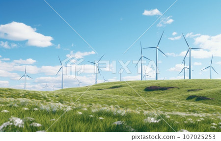 Wind turbines on a green hill with blue sky. AI-generated content. 107025253